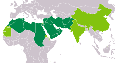map shows locations where the Arabic alphabet is used