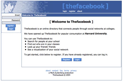 The homepage of Thefacebook on February 12, 2004