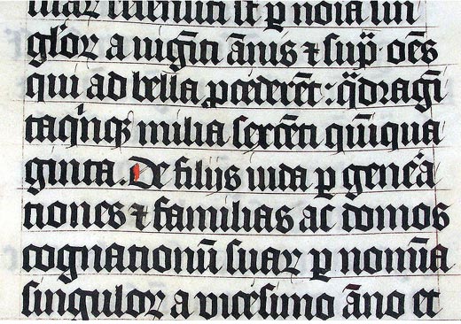 Two Tironian et in context (second line from the top and third line from bottom), from a Bible written by a Belgian scribe