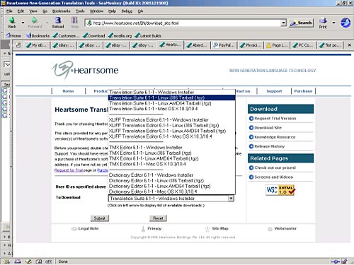 Heartsome Translation Tools Download Site showing pop-up list for selection of package to download with Translation Suite 6.1-1-Linuxi386Tarball(.tgz) selected.