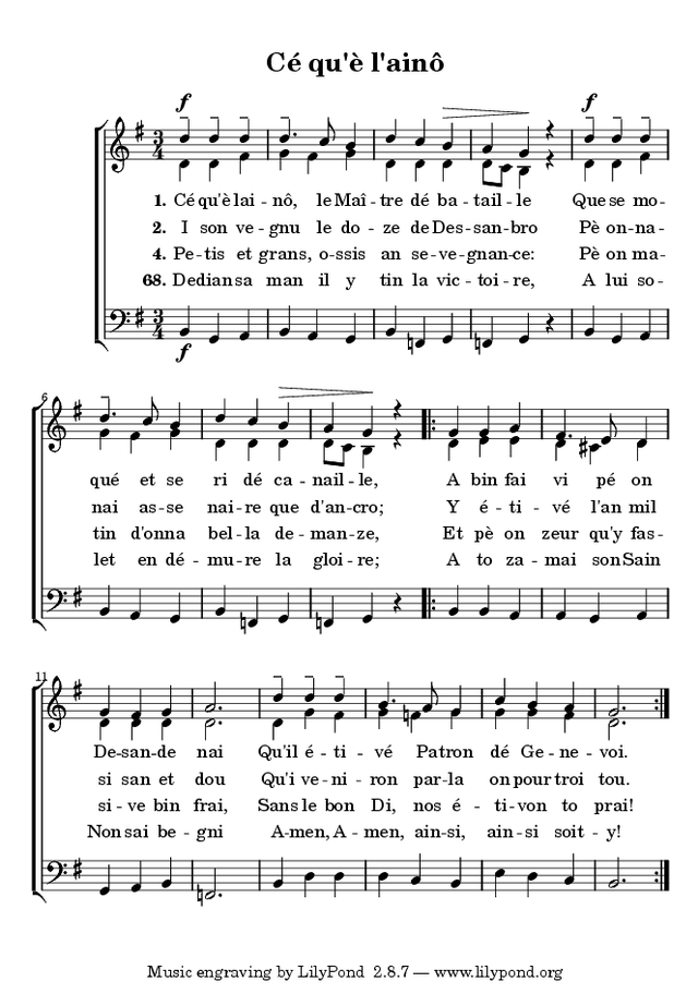 Cé qu’è l’ainô musical score showing verses 1, 2, 4, & 68.