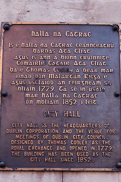 Gaelic script used on an information plaque outside City Hall, near Dublin Castle.