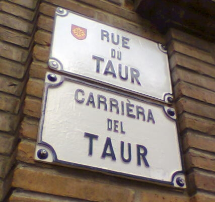 This bilingual street sign in Toulouse, like many such signs found in historical parts of the city, is maintained primarily for its antique charm
