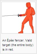 An Épée fencer. Valid target (the entire body) is in red