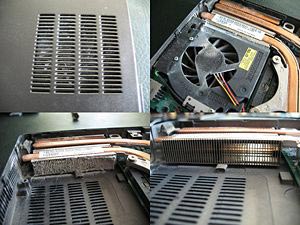 Example of how laptop performance slowly declines after several years, due to dust and lint buildup on internal heatsinks. Simply blowing air into the vents is not enough to remove this buildup. Instead, laptop disassembly is required to properly clean the heatsink.