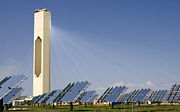 The PS10 concentrates sunlight from a field of heliostats on a central tower