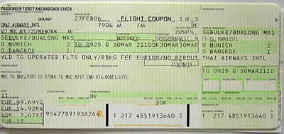 An airline ticket showing the price in the ISO 4217 code EUR and not the currency sign €. (bottom left of ticket)