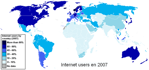Internet usage by percentage of each country's population