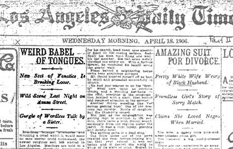 Headline about the "Weird babel of tongues" and other behavior at Azusa Street, from a 1906 Los Angeles Times newspaper.