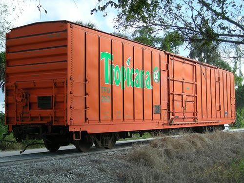 A preserved refrigerator car that was used on the Juice Train