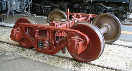 Bettendorf-type freight car bogie; note the solid bearings around the ends of the axles