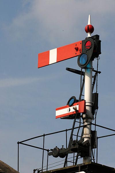 British lower-quadrant semaphore stop signal (absolute) with subsidiary arm (permissive) below