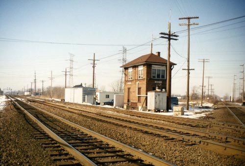 The interlocking tower and tracks at Des Plaines, Illinois, in 1993