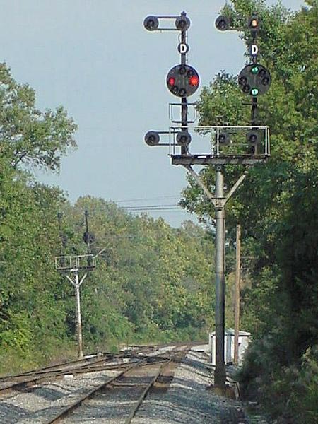 Two-head color position signal on CSXT mainline at Savage, Maryland. The left head displays "Stop", the right head, "Clear"