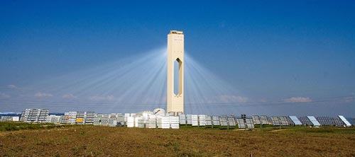 The 11 megawatt PS10 solar power tower in Spain produces electricity from the sun using 624 large movable mirrors called heliostats.