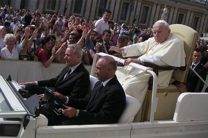 The ailing Pope John Paul II riding in the Popemobile on 22 September 2004