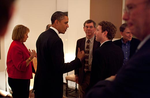 President Barack Obama and Zuckerberg talk before a private meeting where Obama dined with technology business leaders in Woodside, California, February 17, 2011. (Also pictured, from left: Carol Bartz of Yahoo!, Art Levinson of Genentech, Steve Westly of The Westly Group, and Eric Schmidt of Google.)