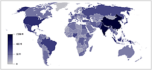 Map of world population. Gray-scale legend: 0 to 50 M to 400 M to 1’336 M (million).