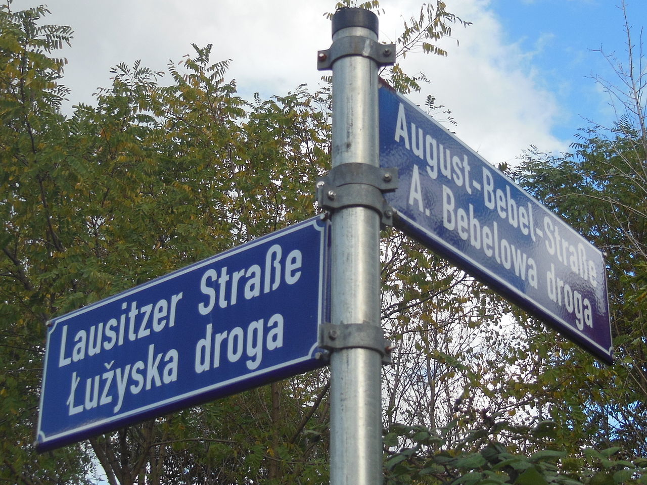 Bilingual road sign in Cottbus, Germany
