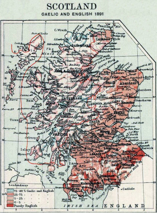 1891 distribution of English (including Scots) and Gaelic in Scotland