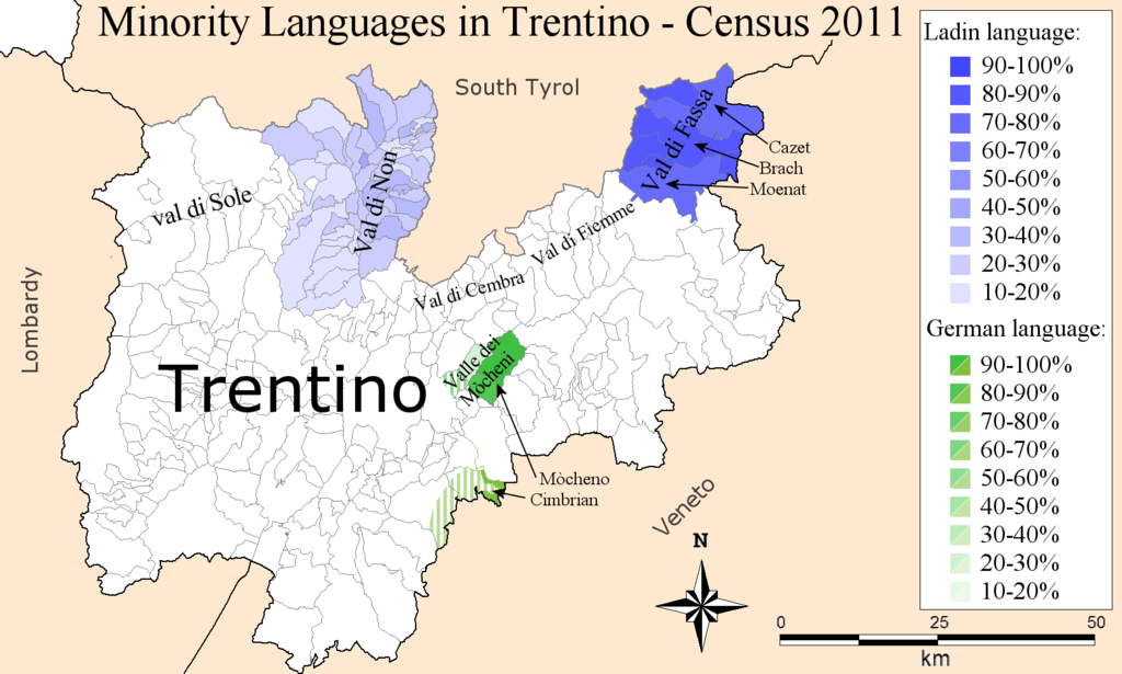 Languages of Trentino. Percentage per municipality in 2011