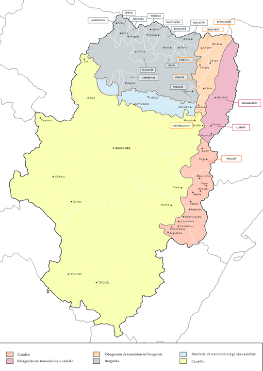 Map of AragГіn with the Aragonese dialects of Northern AragГіn in gray, blue and light orang
