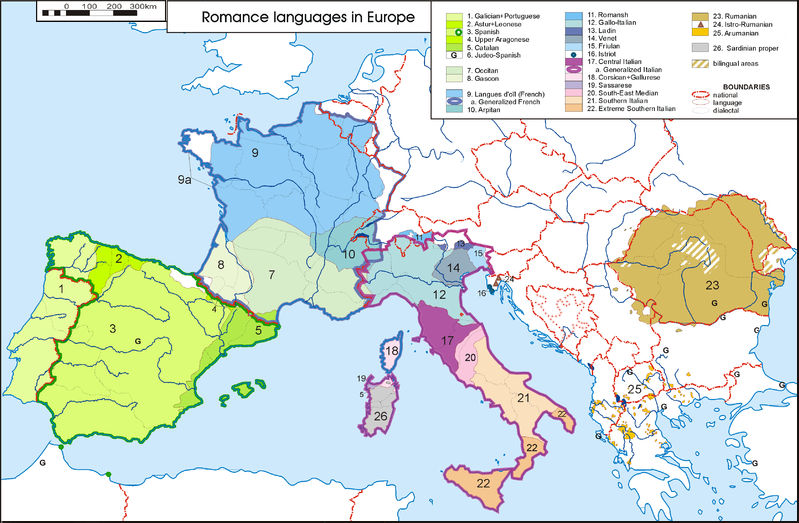 Range of the Romance languages, the modern descendants of Latin, in Europe
