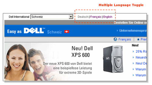 Dell Switzerland with its triple language toggle of German, French and English